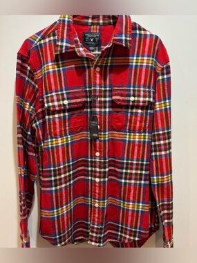 American Eagle Outfitters Red Multicolor Plaid Button-Down Shirt